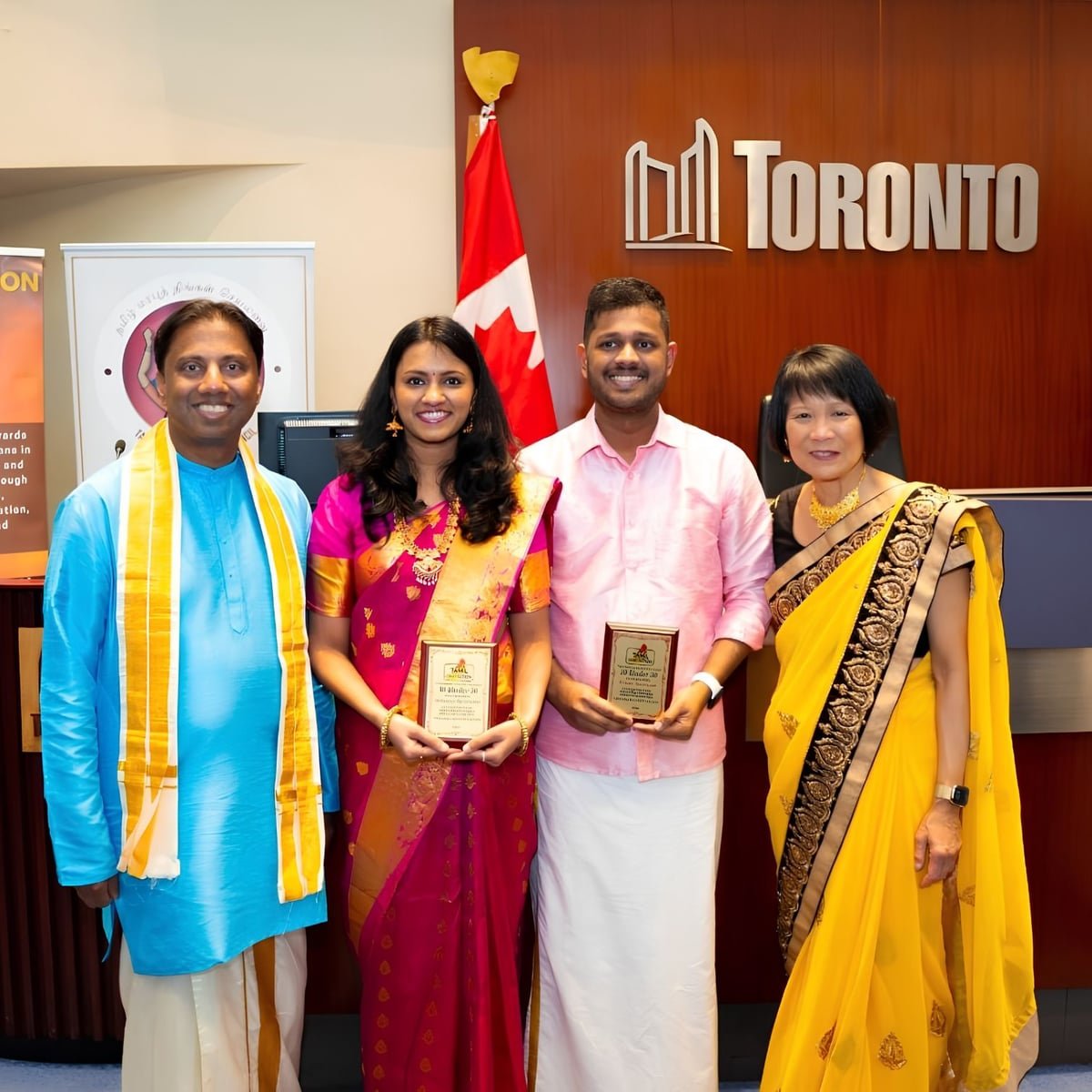 Aishwarya Ravishankar and Sairam Jayaraman receiving the 30 Under 30 Recognition at Toronto City Hall during Tamil Heritage Month 2026.