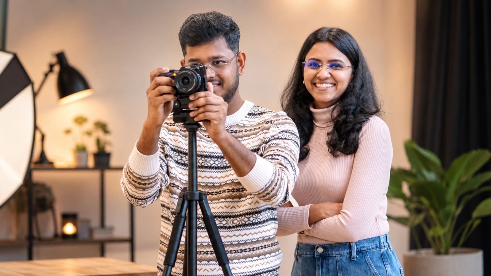 KO 360 founders Sairam Jayaraman and Aishwarya Ravishankar filming short-form video content with a camera on a tripod