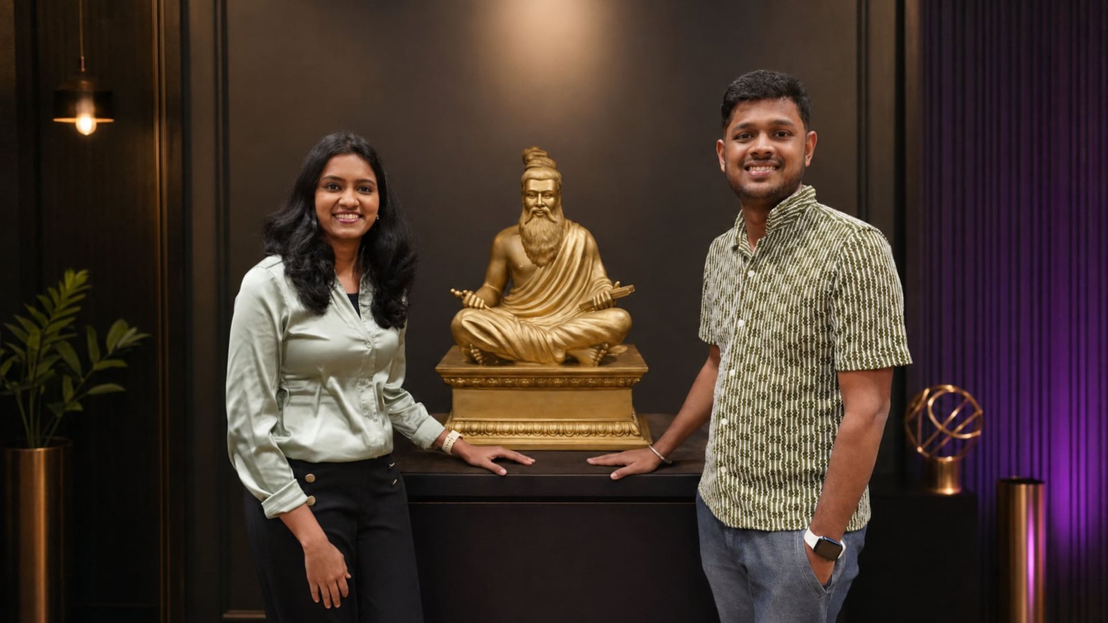 KO 360 founders Aishwarya Ravishankar and Sairam Jayaraman beside a golden statue of the Tamil poet Thiruvalluvar